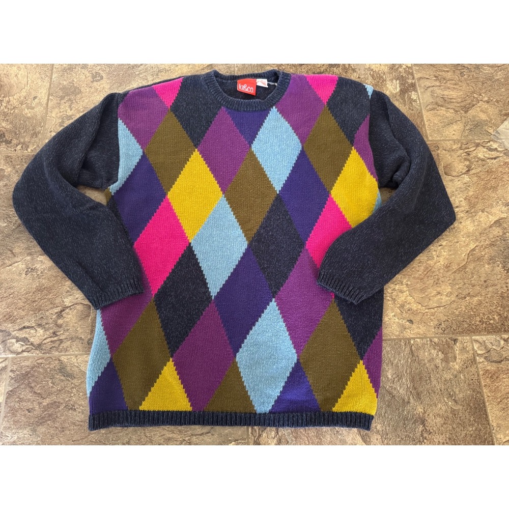 Vintage Liz&Co Argyle‎ Sweater Crewneck Multicolor Pullover Medium Women EUC